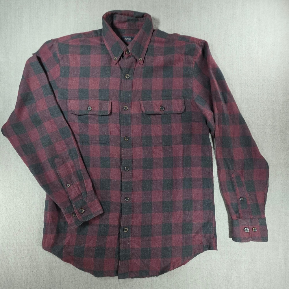 Arrow Flannel Shirt Mens Small Burgundy Black Buffalo Plaid Button Down